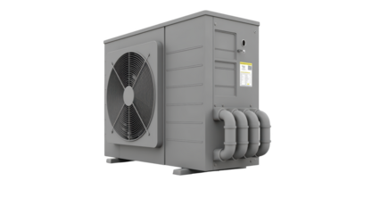 Air conditioning unit outdoor cooling system modern design HVAC equipment energy efficient gray color residential use compact size durable