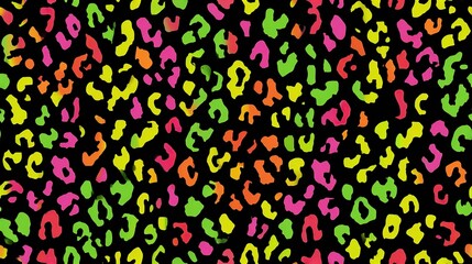 A seamless neon leopard pattern with vibrant multicolored spots on a black background. A vibrant and trendy abstract animal print for fashion, fabric, and wallpaper