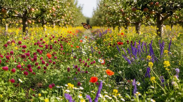 Orchard scene in medium view focusing on colorful cover crops and wild plants spreading across ground promoting pollinator activity and nutrient cycling.