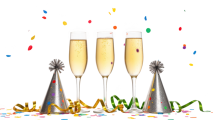 Cheers to celebration with sparkling drinks, festive hats, and colorful confetti creating joyful atmosphere