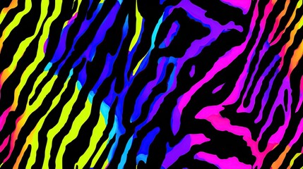 Neon rainbow gradient zebra stripes on black, abstract modern seamless pattern, bright background for wallpaper, fabric