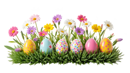 Colorful Easter eggs arranged in vibrant grass with blooming flowers, creating festive spring atmosphere