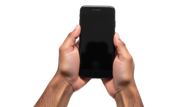 Person holding smartphone with blank screen, showcasing hands and fingers in natural grip. image conveys sense of technology and communication