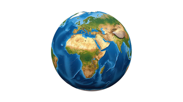 Blue and green Earth globe render, PNG with transparent background, useful for infographics and presentations.