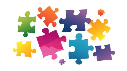 Naklejka premium Multicolored puzzle pieces scattered against a white background, suggesting problem-solving and collaboration