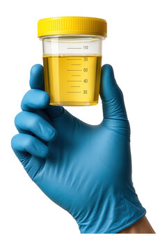 Hand in blue glove holding a urine sample container.