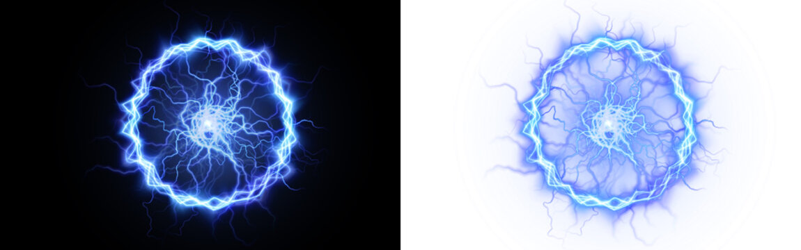 Electric energy circle illustration with vibrant blue lightning bolts on contrasting black and white backgrounds, showcasing dynamic movement and visual impact for creative projects