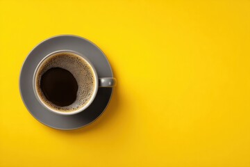 A top-down view of a cup of coffee on a yellow surface