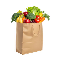 Paper bag filled with fresh fruits and vegetables on transparent background