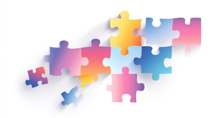 Fototapeta premium Colorful jigsaw puzzle pieces with gradient shades and soft shadows on a white backdrop