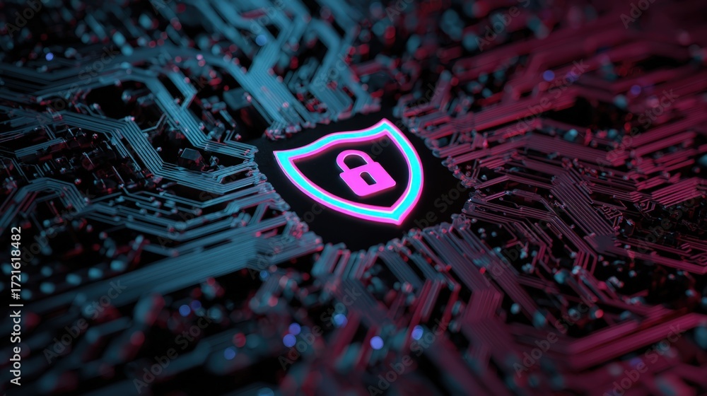 Poster abstract digital background with shield and lock symbol in neon colors