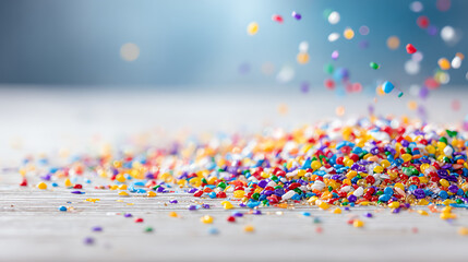 Vibrant and colorful sprinkles scattered on a wooden surface, perfect for enhancing desserts and adding a festive touch to treats.