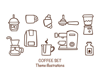 Hand-drawn coffee set illustration includes an espresso machine, Moka pot, coffee beans, cups, and barista equipment. Vector illustrations are perfect for a coffee shop design, menu, or branding.