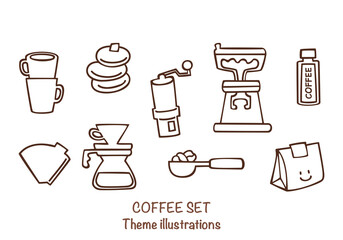 Hand-drawn coffee set illustration includes an espresso machine, Moka pot, coffee beans, cups, and barista equipment. Vector illustrations are perfect for a coffee shop design, menu, or branding.