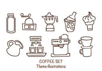 Hand-drawn coffee set illustration includes an espresso machine, Moka pot, coffee beans, cups, and barista equipment. Vector illustrations are perfect for a coffee shop design, menu, or branding.