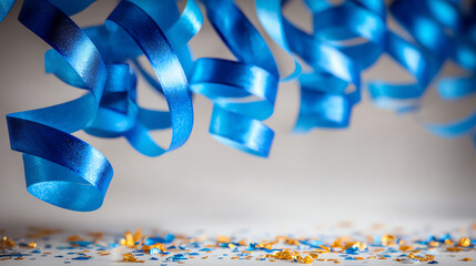 Vibrant blue ribbons cascade elegantly, creating a festive atmosphere with scattered gold accents, perfect for celebrations and events.