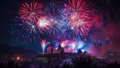 Fototapeta premium A majestic castle silhouetted against a vibrant nighttime sky filled with a dazzling fireworks display. Smoke and light illuminate the scene