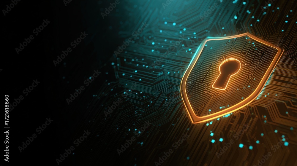 Poster digital shield icon on circuit board background representing security concepts