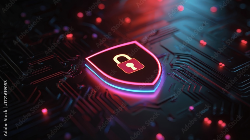 Poster vibrant cybersecurity shield with lock icon on futuristic circuit pattern