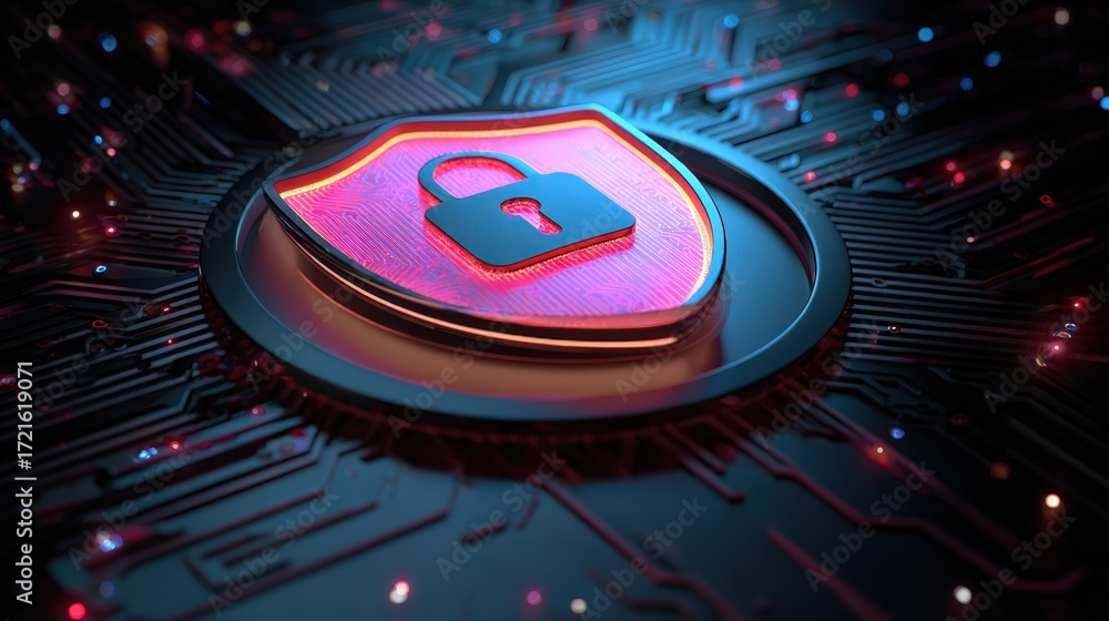 Poster digital security shield on circuit board background with glowing effects