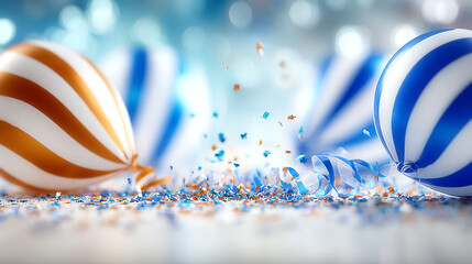 Vibrant festive balloons in orange and blue with sparkling confetti create a joyful atmosphere for any celebration.