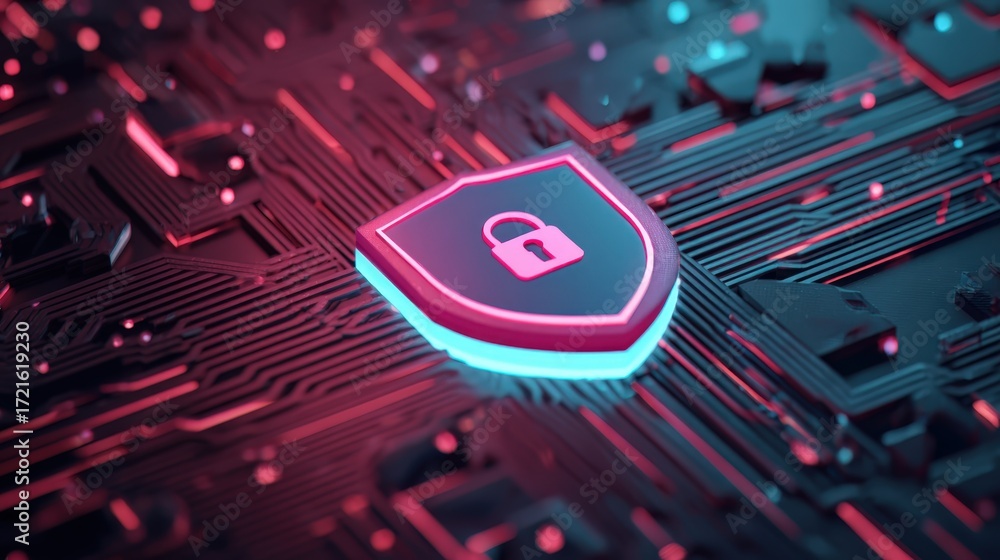 Poster futuristic cybersecurity concept with shield and lock on circuit background