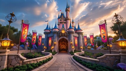 Obraz premium 360° panorama of grand fantasy castle entrance with glowing lanterns, stone pathway, colorful banners