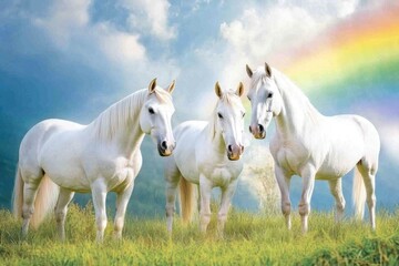 Obraz premium Majestic unicorn trio under a magical forest rainbow