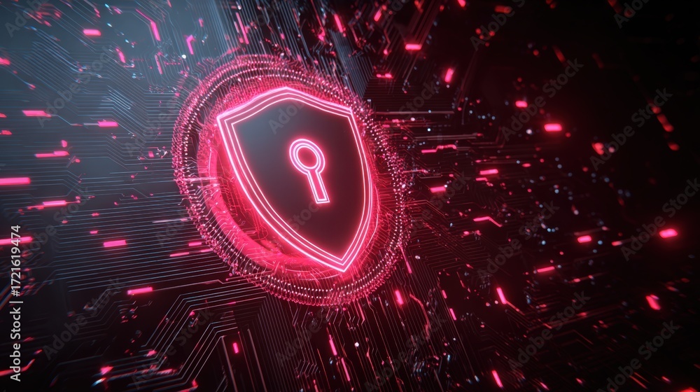 Poster digital cybersecurity shield with circuit background and neon glow effects