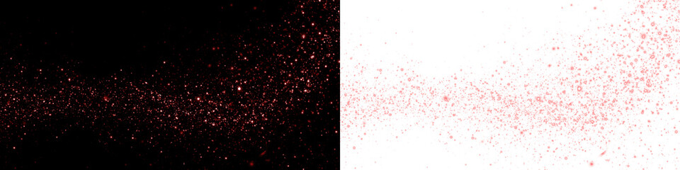 Red glitter particles scatter across contrasting black and white backgrounds, creating a vibrant overlay effect for creative design projects and artistic expressions