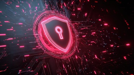 Digital Cybersecurity Shield with Circuit Background and Neon Glow Effects