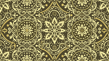 Detailed Golden Ornamental Pattern on Dark Brown Background floral damask