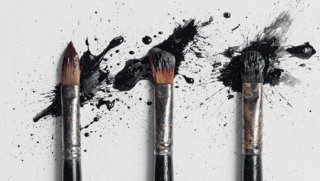 Paintbrushes splattered with black ink