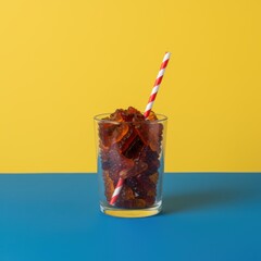 Refreshing iced coffee drink with red and white straw
