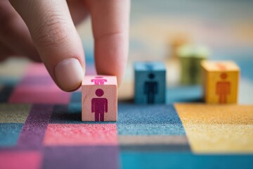 A hand places a small wooden block with a person icon on a colorful grid