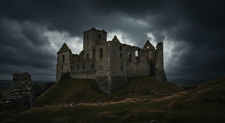 Fototapeta premium Dramatic ancient castle ruins under stormy skies evoke mystery and history