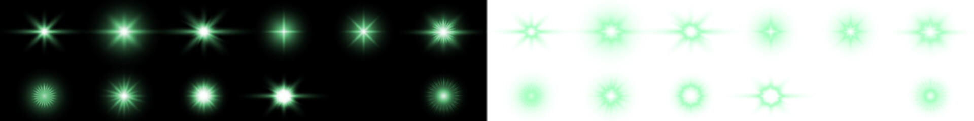 Green light burst overlay with glowing star effects on black and white backgrounds, ideal for creative projects, enhancing visual appeal and adding dynamic elements