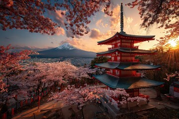 Fototapeta premium Pixel Art Cherry Blossom Pagoda Sunrise Fuji Mountain Japan