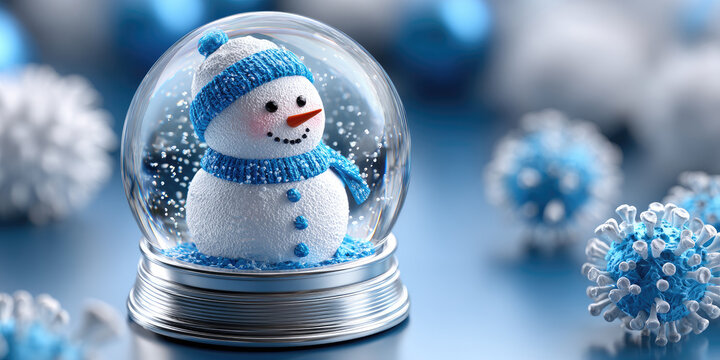 Snow globe with two cheerful snowmen and a giant virus molecule looming behind them, symbolizing a cozy holiday scene shaped by pandemic caution and new-normal celebrations