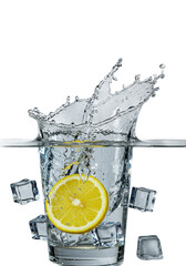 Dynamic crystal-clear water splash with bubbles, droplets, curving streams; bright lemon slice suspended, clear ice cubes, transparent studio background. Concept for high-end beverage advertising