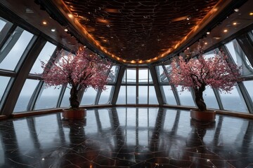 A spacious, modern interior room with panoramic windows showcasing a misty sea view, highlighted by decorative cherry blossom trees in elegant planter pots, and a polished dark stone floor.