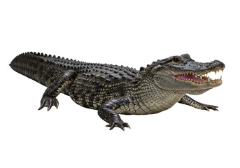 Naklejka premium Adult american alligator, dark textured scales, glistening water, sharp teeth, pink tongue, jaws ajar, elegant pose on transparent, concept of detailed product display.