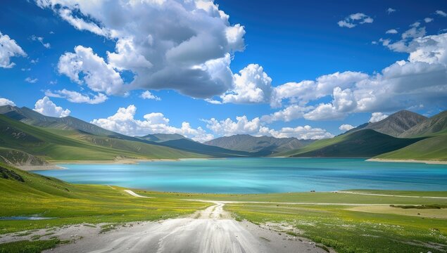 A scenic vista unfolds, showcasing a tranquil turquoise lake nestled amidst verdant meadows and majestic mountains under a vibrant blue sky dotted with fluffy white clouds. A dir