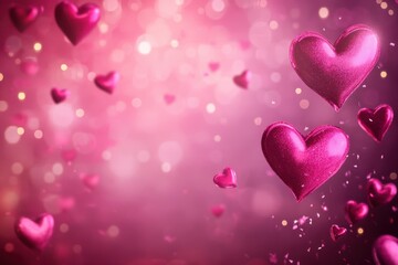 Romantic Valentine's Day Background with Glittering Hearts in Shades of Pink and Soft Bokeh Lights