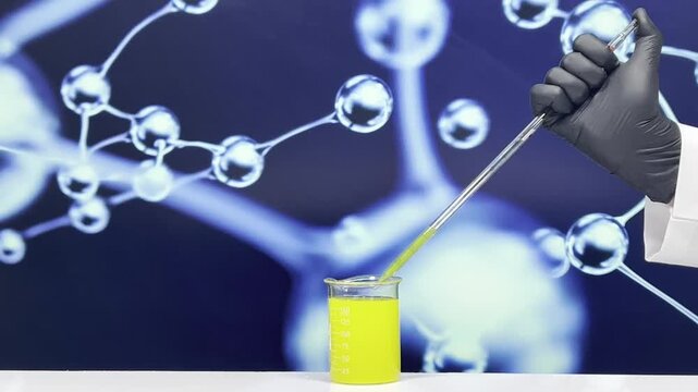 Filling pipette with yellow liquid from beaker on molecular structure background laboratory scene