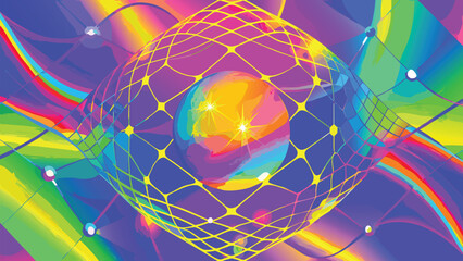Futuristic Abstract Sphere Encased in a Glowing Yellow Grid with Rainbow Waves Background vector illustration