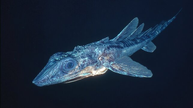 chimaera. A deep-sea chimaera glowing with bioluminescent forehead lights in the dark ocean abyss. wildlife magazines, conservation campaigns, designed for eco-tourism storytelling.