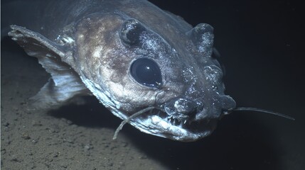 chimaera. A deep-sea chimaera glowing with bioluminescent forehead lights in the dark ocean abyss. wildlife magazines, conservation campaigns, designed for eco-tourism storytelling.