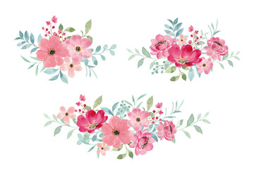 Watercolor pink green floral bouquet collection