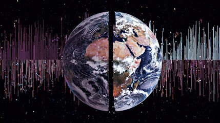 quadrants. Fractured globe with mismatched seasonal quadrants spinning chaotically amid erratic satellite data. ESG reports, sustainability campaigns, designed for environmental awareness campaigns.